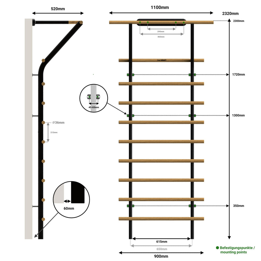 Premium Sprossenwand mit Klimmzugstange - EdelKRAFT